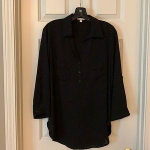 Black Pleione blouse. Tab sleeves. Popover.